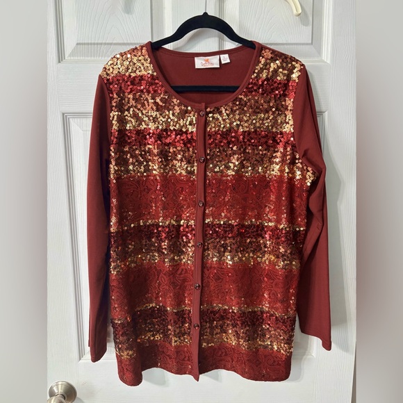 Quacker Factory Sequins Cardigan Sweater Size L Burgundy Gold Striped Lace - Picture 2 of 8